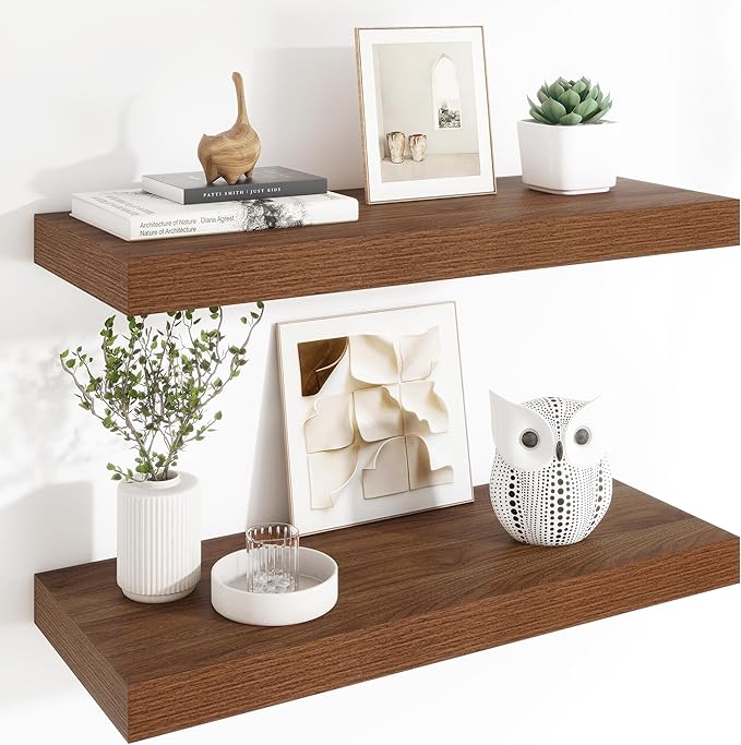 Heimlove 12" Deep Floating Shelves, 36 x 12 Inch Wall Mounted Long Floating Shelf with Invisible Brackets, for Home Decor, Bedroom, Kitchen, Living Room, Bathroom - 2 Pack, Walnut-Ruum Studio Home