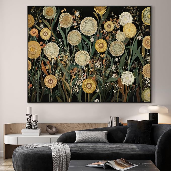 SIGNWIN 36"x46" Extra Large Framed Wall Art Whimsical Dandelion Field in Yellow and Green, Playful Botanical Print for Home Living Room Bedroom Decor (Frame Assembly Required)-Ruum Studio Home