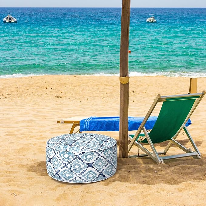 Inflatable Ottoman Stool D21 xH9 for Outdoor/Indoor Use, Water Repellent Patio Foot Rest with Portable Handle,Round Pouf Ottoman Suitable for Garden,Deck and Camping - Boho Geometry Blue-Ruum Studio Home