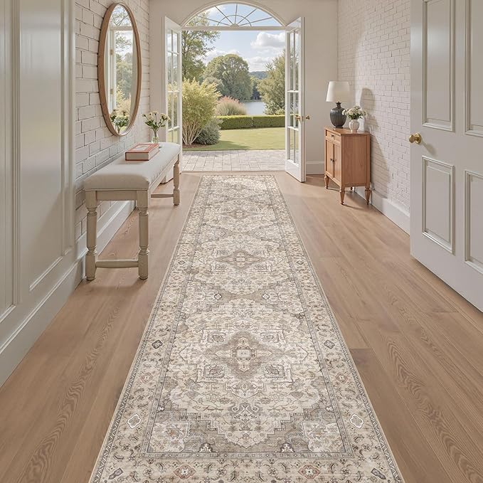 Washable 2.6x14 Runner Rug - Area Rugs Neutral Vintage Distressed Floral Farmhouse Boho Large Soft Floor Rug Indoor Carpet for Hallway Entryway Home - Brown/Multi-Ruum Studio Home