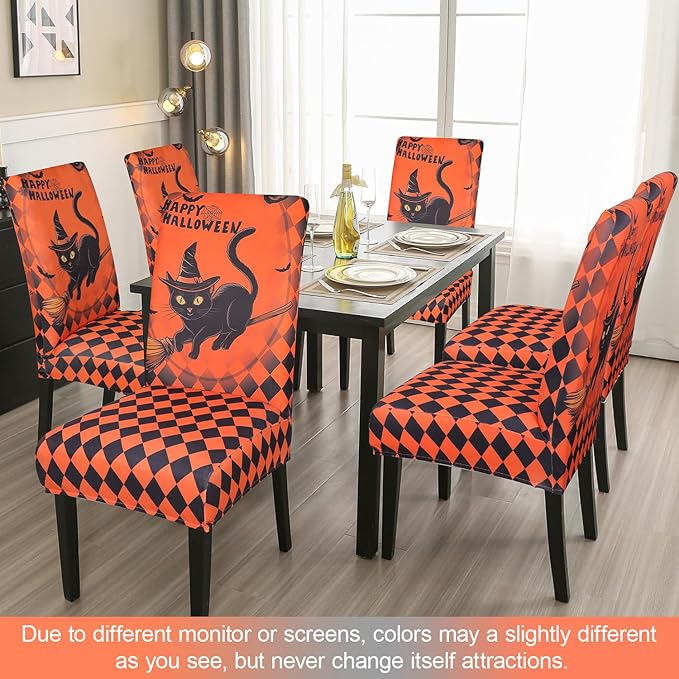JQinHome Orange Halloween Chair Slipcover,Cat Chair Covers Set of 6, High Stretch Washable Chair Protector Cover for Dining Room, Kitchen,Home Party,Wedding Ceremony(Cat Orange,6PC)-Ruum Studio Home