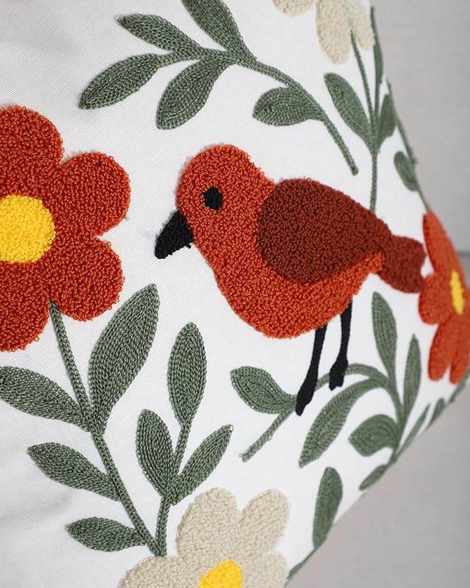 Throw Pillow Cover with Bird Embroidery – 18x18 inch Handmade Punch Needle Cushion Cover – 100% Cotton Decorative Pillow for Couch, Bed or Living Room – Boho Nature-Inspired Home Decor-Ruum Studio Home