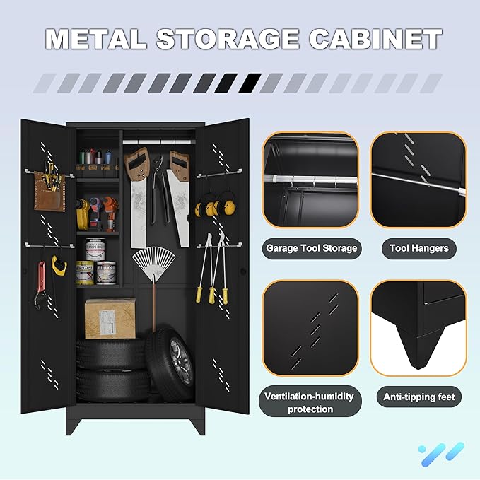 Metal Garage Storage Cabinet, 75” Cleaning Tool Cabinet with Hooks and Hanging Rods, Heavy Duty Garden Tool Organizer, Broom Cabinets for Home, Garage, Laundry Room, Gym, Workshop-Ruum Studio Home