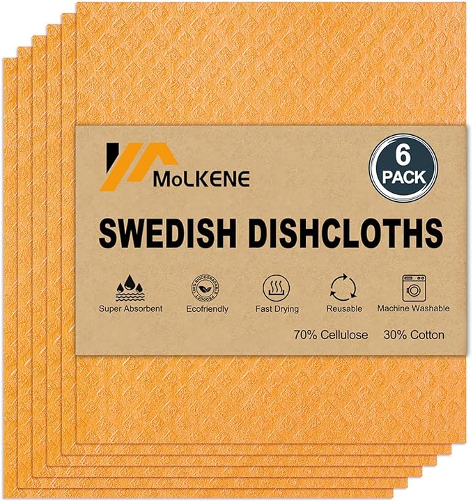 Swedish Dishcloths for Kitchen | 6 Pack Absorbent Cellulose Sponge Cloths Washable | Non-Scratch Reusable Paper Towels Quick Drying Cleaning Cloths - Orange-Ruum Studio Home