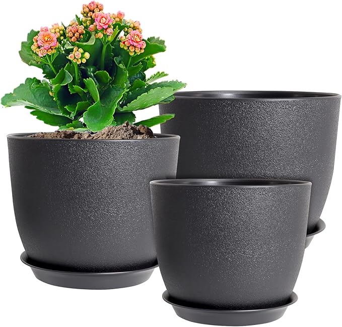 10/9/8 inch Medium Plant Pots, 3 Pack Modern Decorative Plastic Planters with Drainage Holes and Saucers, Flower Pots for Indoor Outdoor Plants, Black-Ruum Studio Home