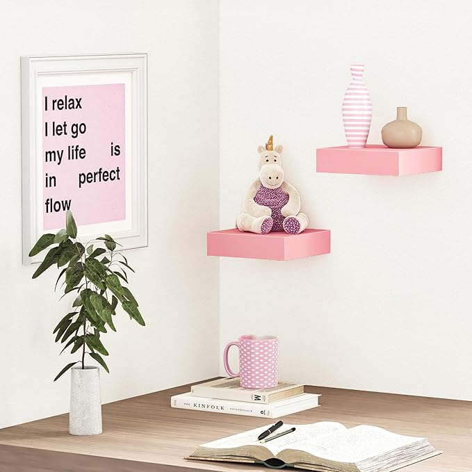 BAMEOS Pink Floating Shelves for Wall, 6" x 6" Wall Shelves for Room, Floating Book Shelves, Hanging Shelves for Bedroom, Bedroom, Living Room, Kitchen (Set of 2)-Ruum Studio Home