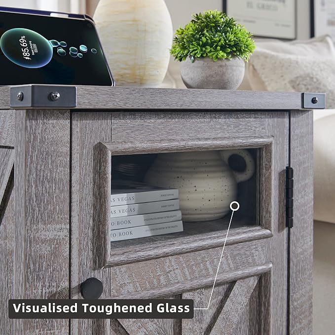 JXQTLINGMU Farmhouse End Table with Charging Station, 18'' Rustic Nightstand with Barn Door & Adjustable Shelf, Wooden Sofa Side Table with 3-Tier Storage for Living Room, Bedroom, Gray-Ruum Studio Home