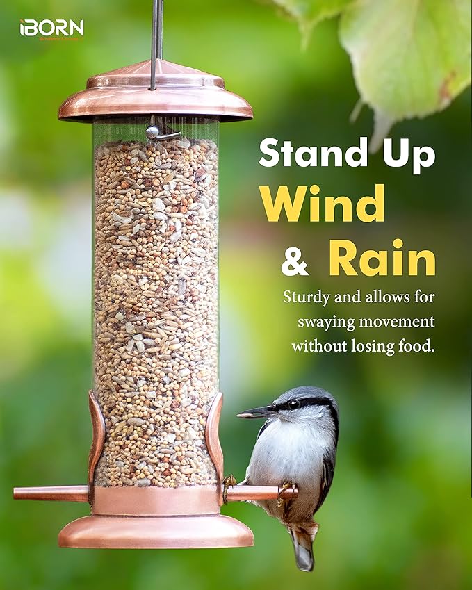 iBorn Metal Bird Feeder Hanging Wild Bird Feeders for Mix Seed Blends Heavy Duty All Metal Finishing, Copper Finish, 8 Inch 2 Port (Seed is not Included)-Ruum Studio Home