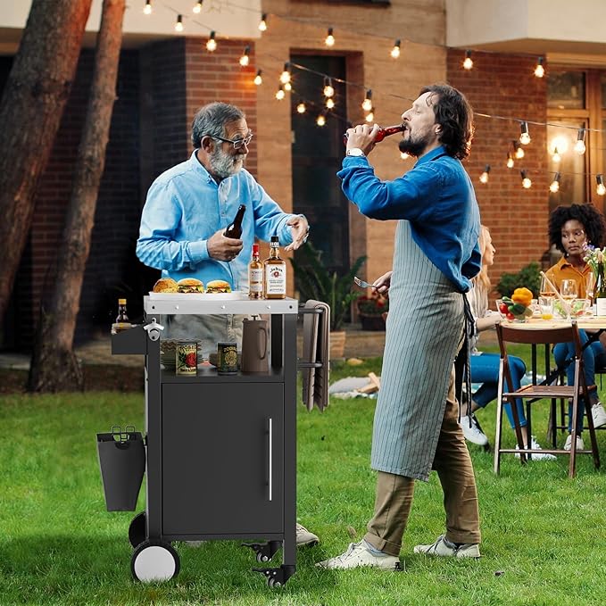 KEIKI Outdoor Grill Cart with Storage and Wheels, Rolling BBQ Prep Table with Spice Rack, Hooks, and Side Handles, Black Metal Bar Cart for Patio Kitchen and Grilling Accessories-Ruum Studio Home