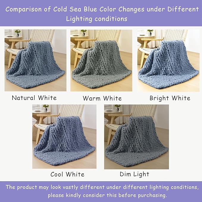 Bigacogo Chunky Knit Throw Blanket for Couch, 40x60 inches, 100% Hand Knitted with Thick Jumbo Chenille Yarn, Cozy Soft Large Rope Knot Cable Crochet Blankets for Sofa Bed Living Room, Cold Sea Blue-Ruum Studio Home