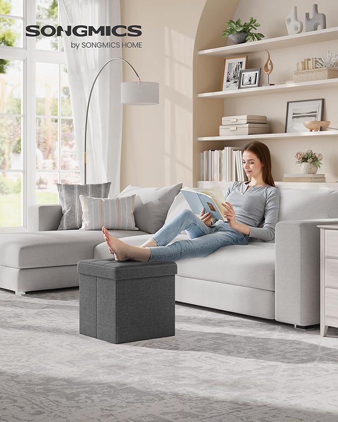 SONGMICS Folding Storage Ottoman Bench，38 x 38 x 38 cm， Ottoman Foot Rest, End of Bed Bench, Storage Chest, Load 300 kg, for Living Room, Bedroom, Entryway, Dorm, Dark Gray ULSF27Z-Ruum Studio Home