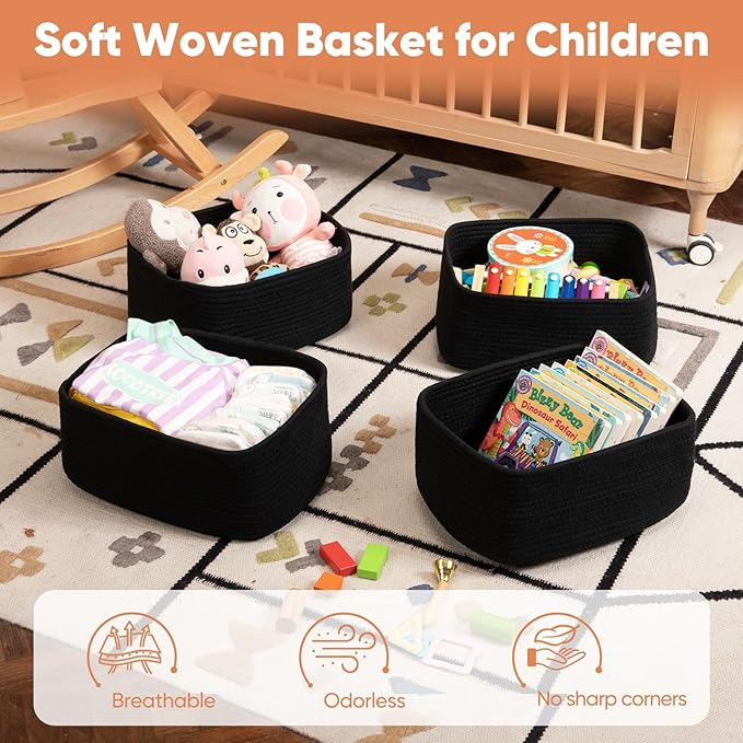OIAHOMY 4 Pack 14.17*11.02*6.3IN Storage Baskets for Organizing Shelves, Woven Rope Baskets for Organizing Books, Clothes, Decorative Basket for Living Room, Nursery, Bedroom, Gift Basket, Black-Ruum Studio Home