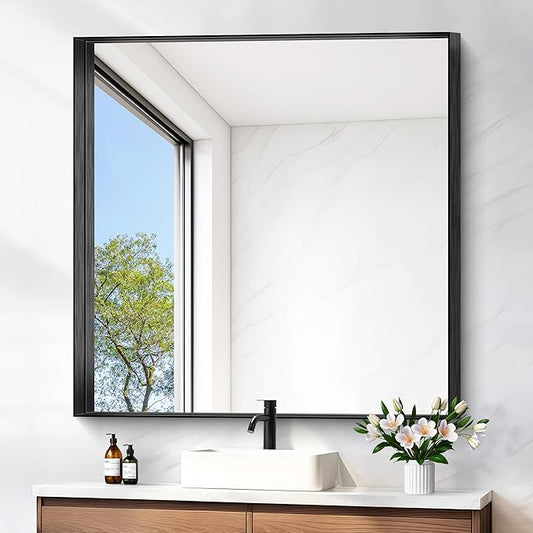 Black Bathroom Mirror, 42x42 Inch Rectangular Framed Mirror, Large Wall Mounted Bathroom Vanity Mirror Over Sink for Bedroom,Restroom, Living Room, Hangs Vertically or Horizontally-Ruum Studio Home