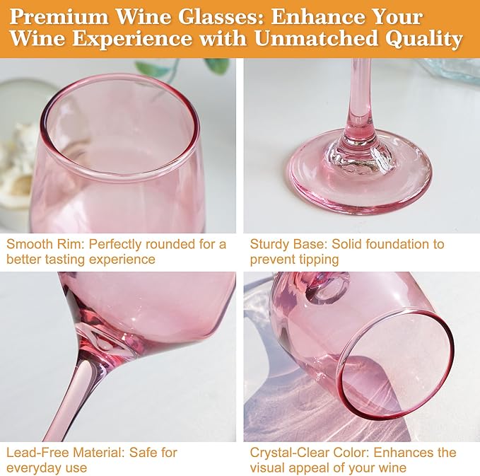Pink Wine Glasses Set of 6-12oz Pink Long Stem Wine Glass Cups, Pink Pretty Crystal Glassware, Hand Blown Goblets Drinkware, Unique Drinking Stemware Holiday Gift Set for Women-Ruum Studio Home