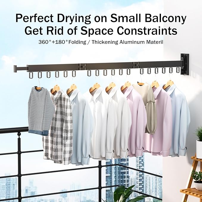 Space Saver Clothes Drying Rack, Wall Mounted, Retractable, Collapsible(Tri-Fold), for Balcony, Bathroom, Black Color-Ruum Studio Home
