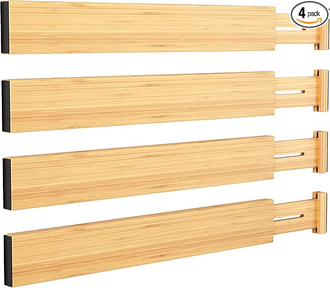 BAMEOS Drawer Divider,Expandable Bamboo Separators Adjustable Utensil Knife Fork Tool Kitchen Organizer, Clothes Fabric Drawer Organizer In Bathroom Bedroom Office, Cabinet Dresser Organizer 4-pack-Ruum Studio Home
