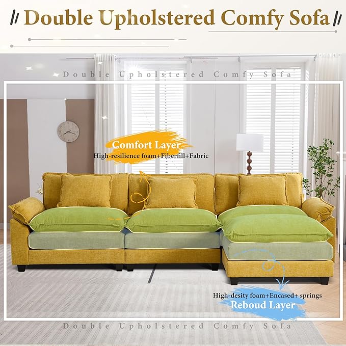 URRED Modular Sectional Sofa Comfy Cloud Couch, Modern Chenille Sofa Sleeper Deep Seat Couches with Ottoman/Pillows for Living Room (Yellow, 117''- L Shape)-Ruum Studio Home