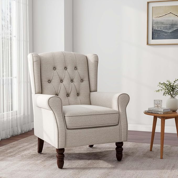 Accent Chair, Upholstered Armchair with Button Tufted High Back & Solid Wood Legs, Comfy Wingback Reading Single Sofa Chair for Small Spaces, Living Room, Bedroom-Ruum Studio Home