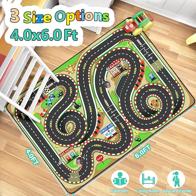 Kids Rug, Race Track Baby Play Mats, Realistic 3D Cascading Surround Route, 4x6 Ft Kids Rug for Playroom, Great for Playing with Cars and Toys, Non-Slip Car Carpet-Ruum Studio Home