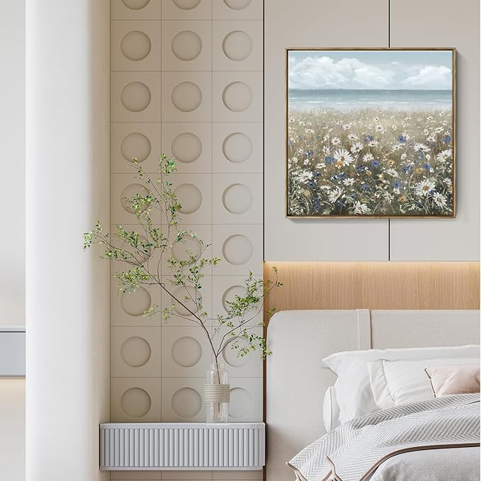 Framed Wall Art for Bedroom Decor Farmhouse Boho Beach Coastal Vintage Floral Ocean Wall Picture Daisy Flowers Sea Canvas Print Nautical Neutral Seascape Artwork for Home Living Room Bedroom Office-Ruum Studio Home