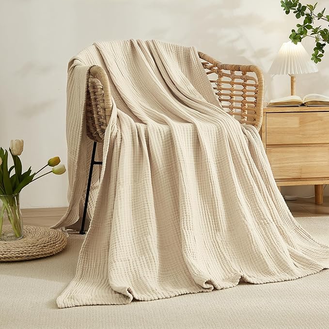 EMME Cotton Muslin Blanket Twin XL - 66"x90" Lightweight Breathable Layering Blanket Bedspread Coverlet All Season Gauze, Light Tan-Ruum Studio Home