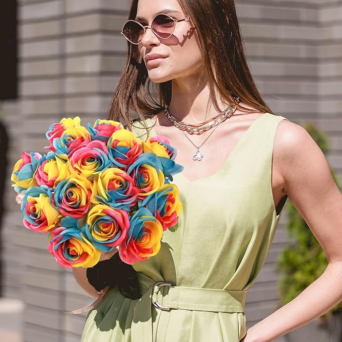Rainbow Fake Roses Artificial Flowers - 10 Pcs Fake Artificial Roses Silk Flowers with Stems for Home Wedding Hotel Office Centerpiece Decor（Rainbow2）-Ruum Studio Home