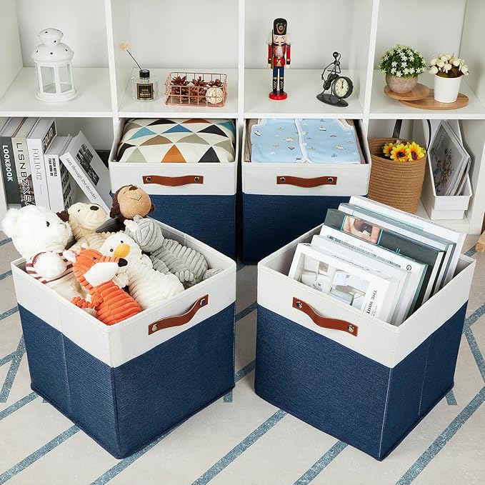 HNZIGE Fabric Storage Cubes Bins for Shelves,13x13 Storage Cubes, Set Of 4 Foldable Cubby Storage Bins for Organizing, Cloth Blue Storage Baskets for Cube Organizer Toy Nursery Shelves(Blue&White)-Ruum Studio Home