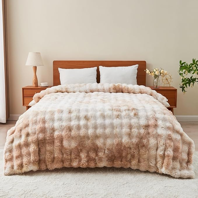 RYNGHIPY Faux Rabbit Fur Bed Throws Fluffy Warm Throw Blanket for Sofa Couch Soft Plush Decorative Blanket Thick and Heavy Cute Bubble Furry Blanket (Light Tan, 63''x79'')-Ruum Studio Home