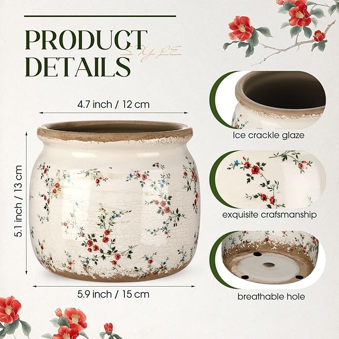 Vintage Planter Large Ceramic Plants Pot Beige Red Rustic Floral Ice Crack Cottage Scroll Vase Flower Vase Pot Indoor Plants Home Kitchen Decor Farmhouse Antique Decorative Gifts-Ruum Studio Home
