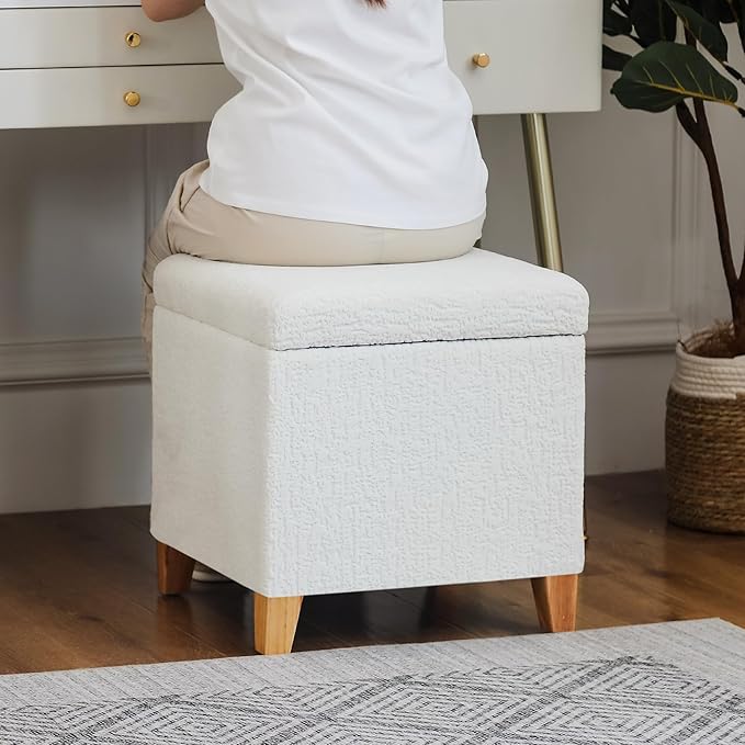 Adeco 18 Inch High Faux Fur White Cube Ottoman Storage, 3D Embossed Velvet Chair Foot Stools, Upholstered Vanity Stool with Hinged Lid, Solid Wood Legs-Ruum Studio Home