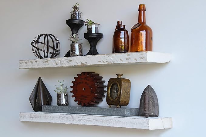 Urban Legacy Reclaimed Barnwood Planks | Floating Shelves for Wall w/Flush Mount Shelf Bracket Set Included | Set of 2 (White Wash, 36" x 7"x 2")-Ruum Studio Home