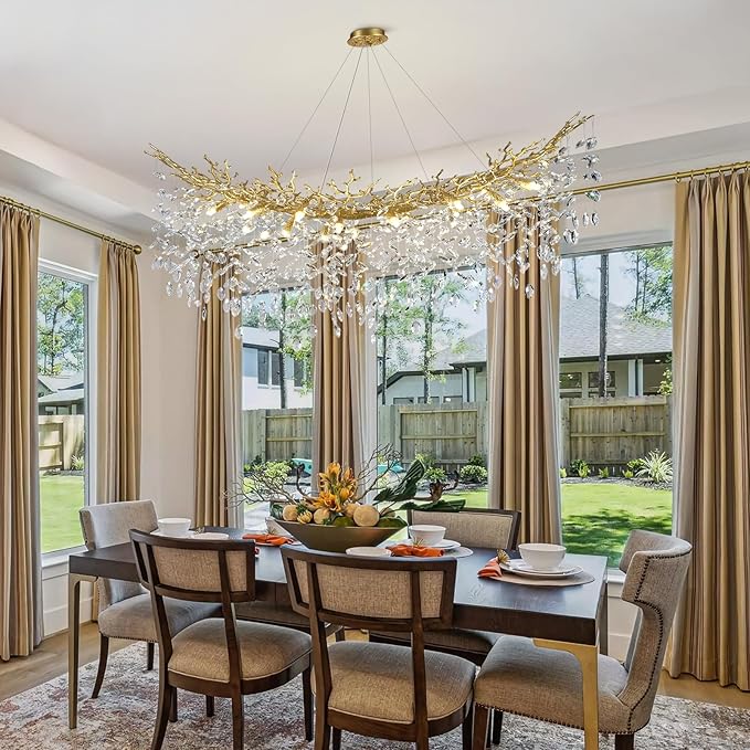 Modern Crystal Gold Chandelier, 55" Large Rectangular Oval Tree Branch Crystal Chandeliers for Dining Room,16-Light Flush Mount K9 Crystal Chandeliers, for Kitchen Island,Dining Room-Ruum Studio Home