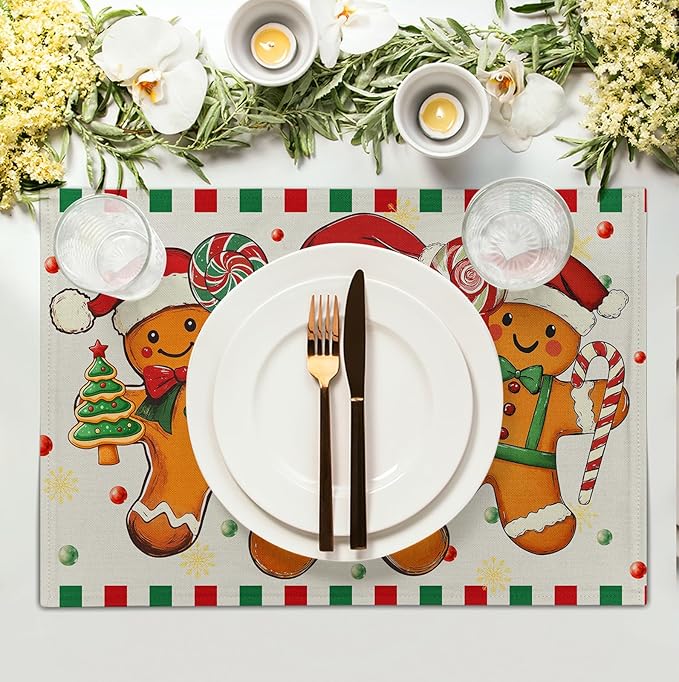 Gingerbread Man Christmas Placemats Set of 4 Candy Cane Xmas Seasonal Holiday Linen Table Mats Red Green Orange Winter Washable Place Mats for Party Kitchen Dining Outdoor Indoor Decor-Ruum Studio Home