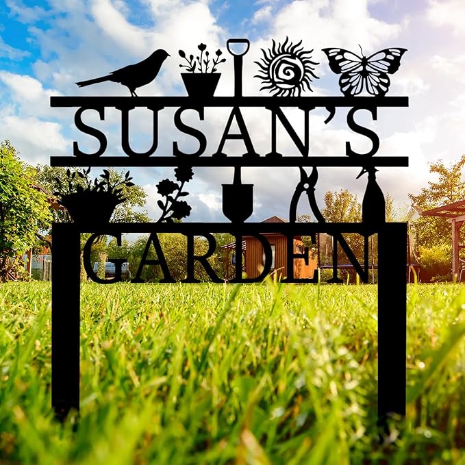 Personalized Garden Sign, Custom Garden Tools Sign with Stakes, Garden Sign with Last Name, Personalized Flower Garden Name Sign, Yard Sign, Lawn Sign, Custom Family Name Garden Sign, Farmhouse Decor-Ruum Studio Home