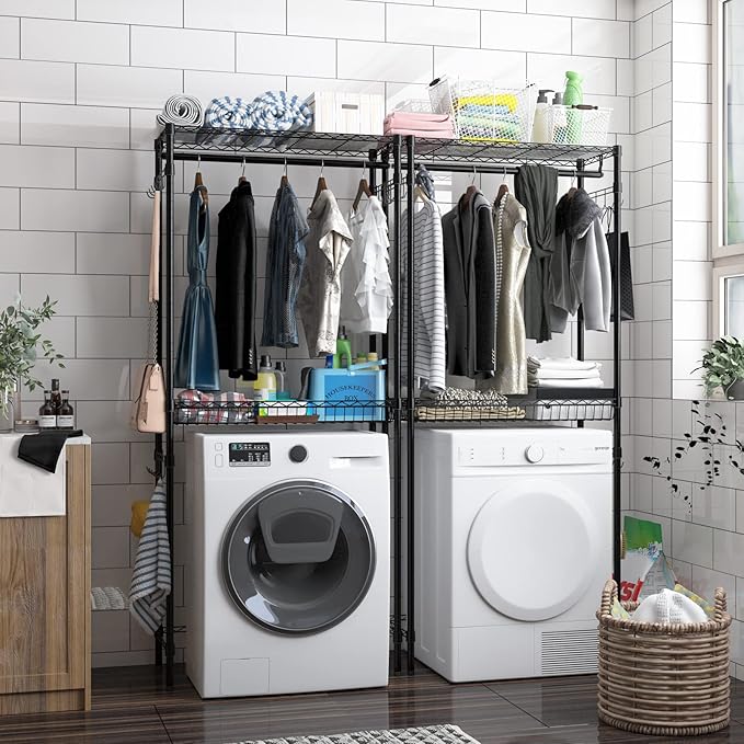 Xiofio Washer and Dryer Storage Shelf,Clothes Drying Rack,2 Tier Adjustable Height Storage Wire Basket with 2 Side Hook Laundry Shelves Used for Bathroom, Bedroom,Balcony,Black-Ruum Studio Home