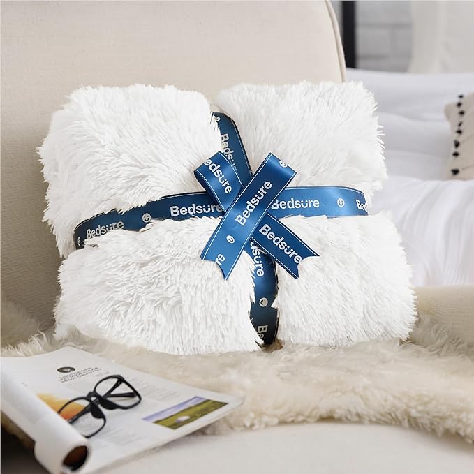 Bedsure GentleSoft Fluffy White Blankets Queen Size for Bed, Thick Sherpa Faux Fur Fleece Fuzzy Plush Winter Warm Heavy Soft Queen Blankets, Bedroom Decor White Gifts Cozy Gifts for Women Men, 90x90-Ruum Studio Home