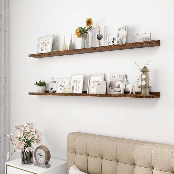 Picture Ledge Shelf, Wood Long Floating Shelves for Wall, Set of 2, 56 inch Picture Ledge Shelves, Photo Ledge Nursery Book Shelves Wall Mounted for Living Room Kids' Room Bedroom, Color Brown-Ruum Studio Home