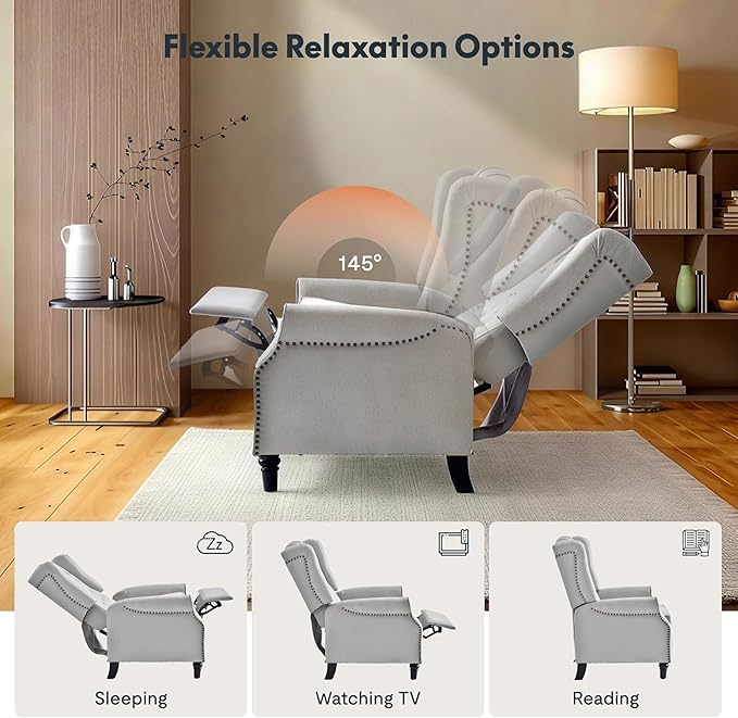 Softa Recliner Chair for Adults, Mid Century Wingback Pushback Accent Chair with Rivet Decoration, Tufted Upholstered Single Sofa Armchair for Living Room, Bedroom, Study (Fabric, Cream)-Ruum Studio Home