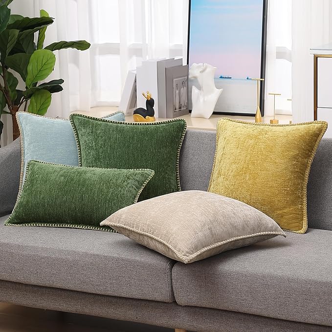 decorUhome Chenille Soft Throw Pillow Covers 16x16 Set of 2, Farmhouse Velvet Neutral Decorative Euro Pillow Covers with Stitched Edge for Couch Sofa Bed Home Decor, Mineral Yellow-Ruum Studio Home