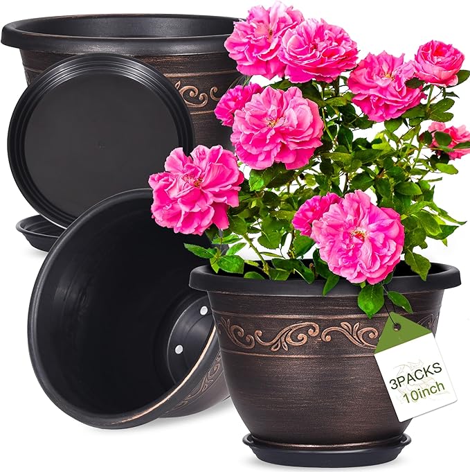Plastic-Plant-Flower-Planters-10 Inch with Drainage Hole & Saucer, 3 Packs Lightweight Small Resin Flower Pot Indoor Outdoor, Retro Antique Imitation Decorative Garden Containers Sets for Houseplants-Ruum Studio Home