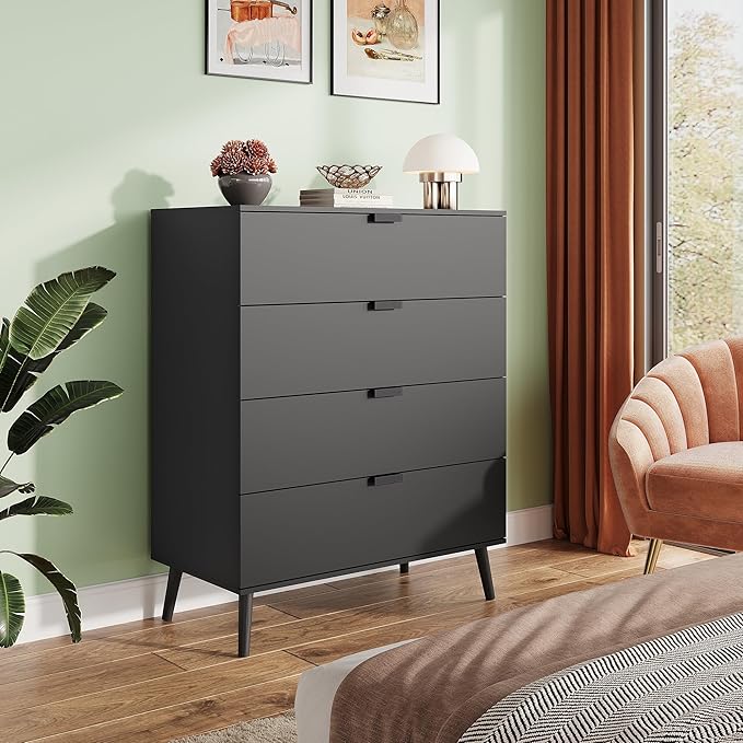 WLIVE 4 Drawer Dresser for Bedroom, Tall Wood Dresser, Modern Black Dressers with Sturdy Metal Handle, Small Chest of Drawers for Living Room, Hallway-Ruum Studio Home