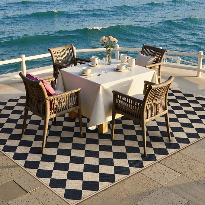 Lahome Checkered Dining Living Room Rug, 5x7 Washable Indoor Outdoor Easy Jute Rug, Farmhouse Neutral Diamond Non Slip Non Shedding Floor Carpet for Sunroom Deck Classroom Office-Ruum Studio Home