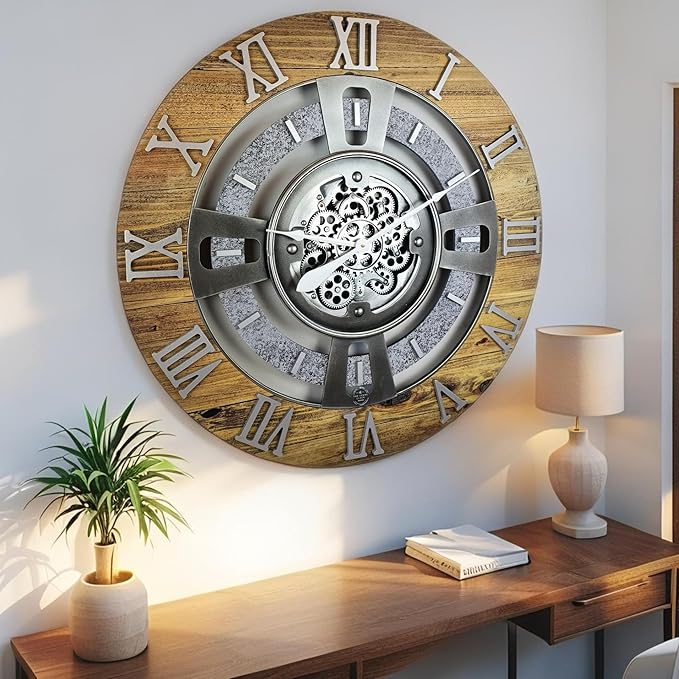 The Gears Clock Real Moving Gear Wall Clock England Line (Wood & Stone, 24 inches (60 cm))-Ruum Studio Home