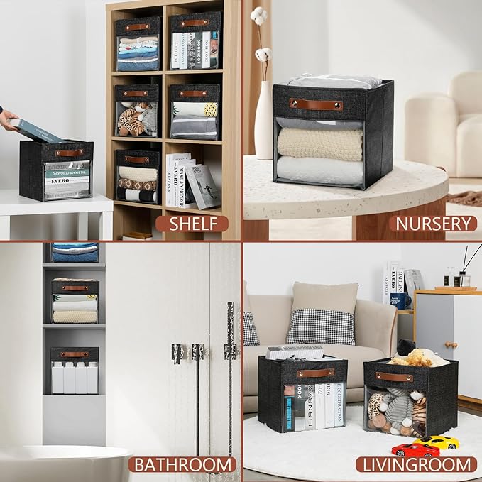 HNZIGE Fabric Cube Storage Bins 11 x 11, Collapsible Storage Cubes Bins for Storage Shelves,Foldable Cube Storage Bins for Storage, Cubby Closet Clear Bins for Storage Blanket(Prints Black 6PCS)-Ruum Studio Home