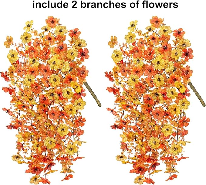 INSPRING Artificial Fall Flowers for Outdoors Decoration, 2Pcs Fake Fall Light Orange & Yellow Hanging Flowers, Faux Autumn Decor for Porch Patio Balcony Planter, Realistic Arrangement-Ruum Studio Home