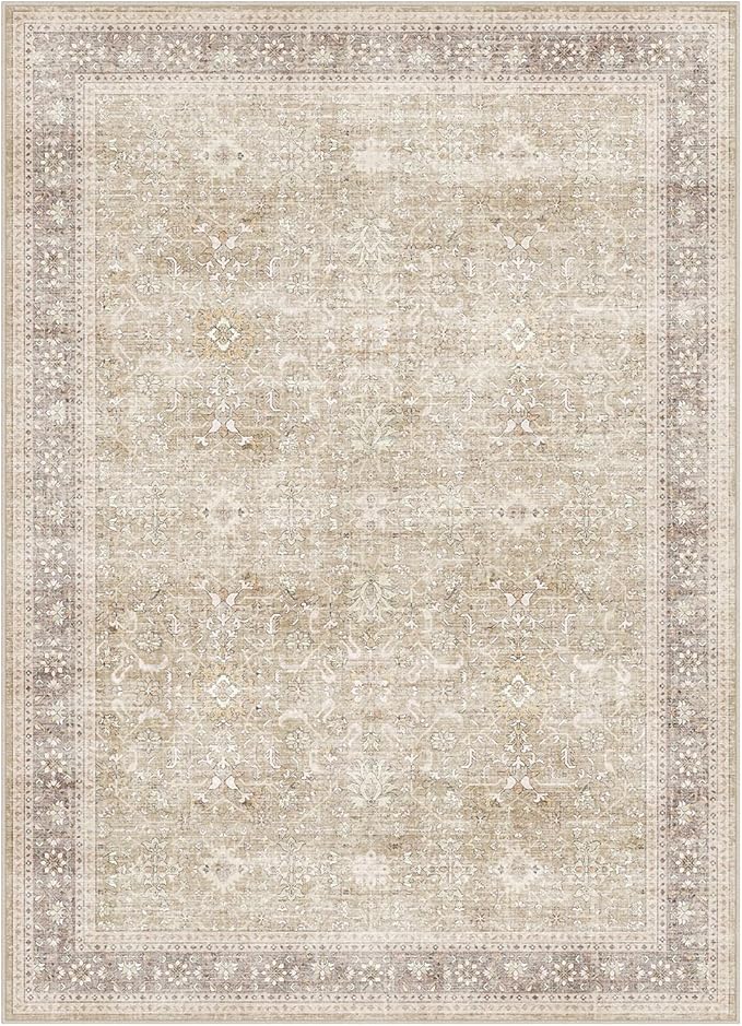 DCX Machine Washable Brown and Beige Area Rug 5x7, Non Slip Stain Resistant Vintage Rug for Living Room Diningroom Bedroom Nursery, Soft Low Pile Large Carpet-Ruum Studio Home