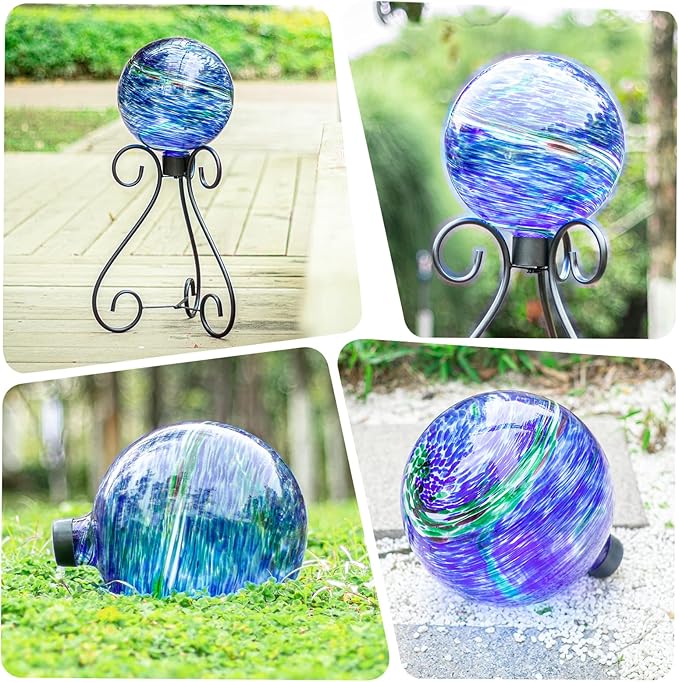VCUTEKA Glass Outdoor Gazing Globe, Blue and Green Hand Painted Swirled Sphere for Patio Garden Gazing Ball Yard Ornament, 10 Inch-Ruum Studio Home