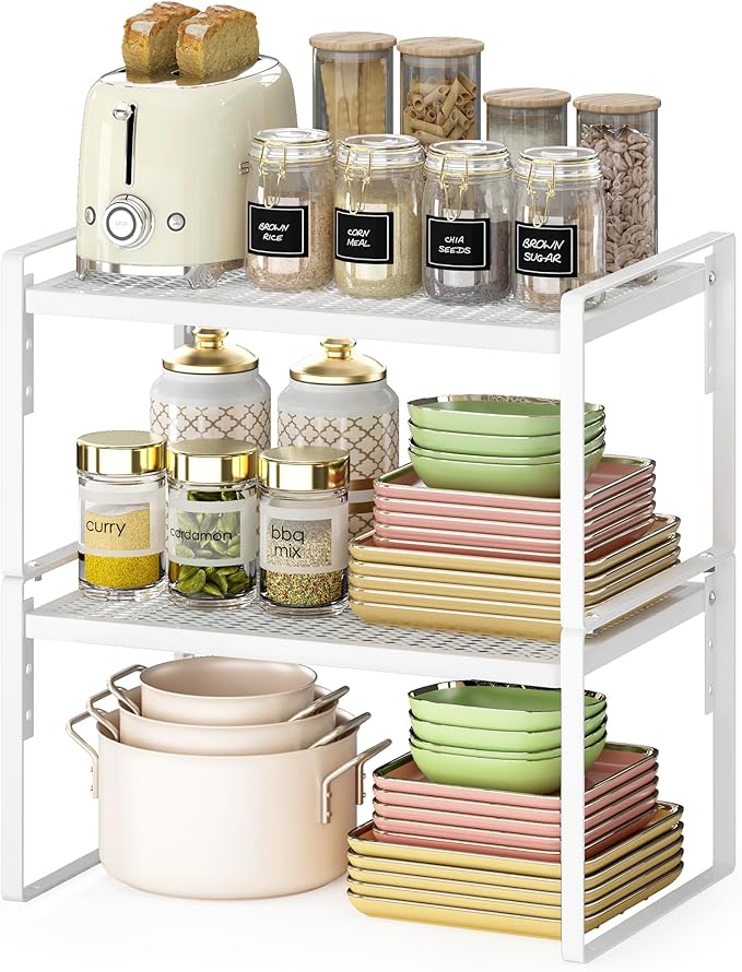 2 Pack Kitchen Countertop Organizer, Stackable Cabinet Shelf Organizer, 2 Tier Adjustable Kitchen Counter Shelves Riser For Pantry Cupboard Bathroom Organization And Storage, Desk Shelf,Spice Rack-Ruum Studio Home