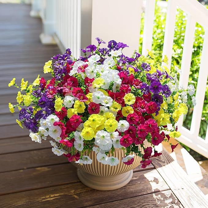 Artificial Flowers for Outdoors Fake Plants Outside Decoration, 12 Bundles Silk Colorful Morning Glory with Eucalyptus UV Resistant Realistic Faux Flowers for Planter Front Door Garden Yard-Ruum Studio Home