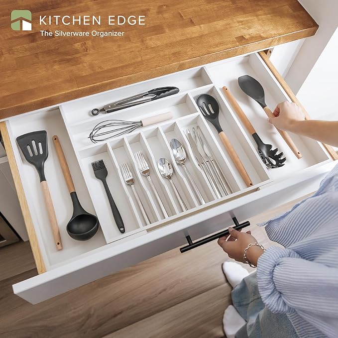 Premium Silverware, Flatware and Utensil Organizer for Kitchen Drawers, Food-Safe Contract Grade, Expandable from 18 to 33 In, White Bamboo-Ruum Studio Home